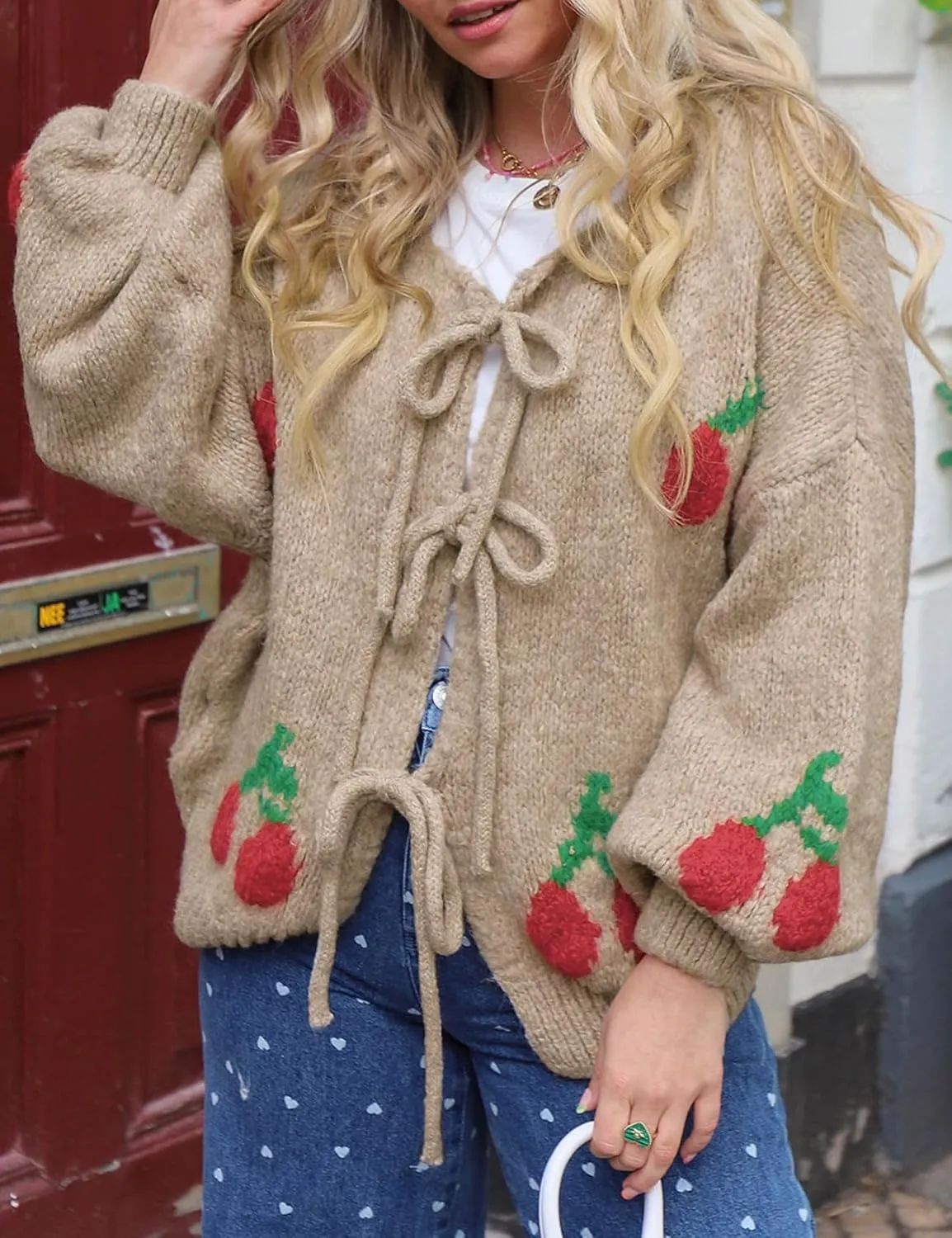 Yimoon Womens Bow Tie Front Cardigan Cute Cherry Open Front Y2k Sweater Oversized Chunky Knit Cardigan Tops