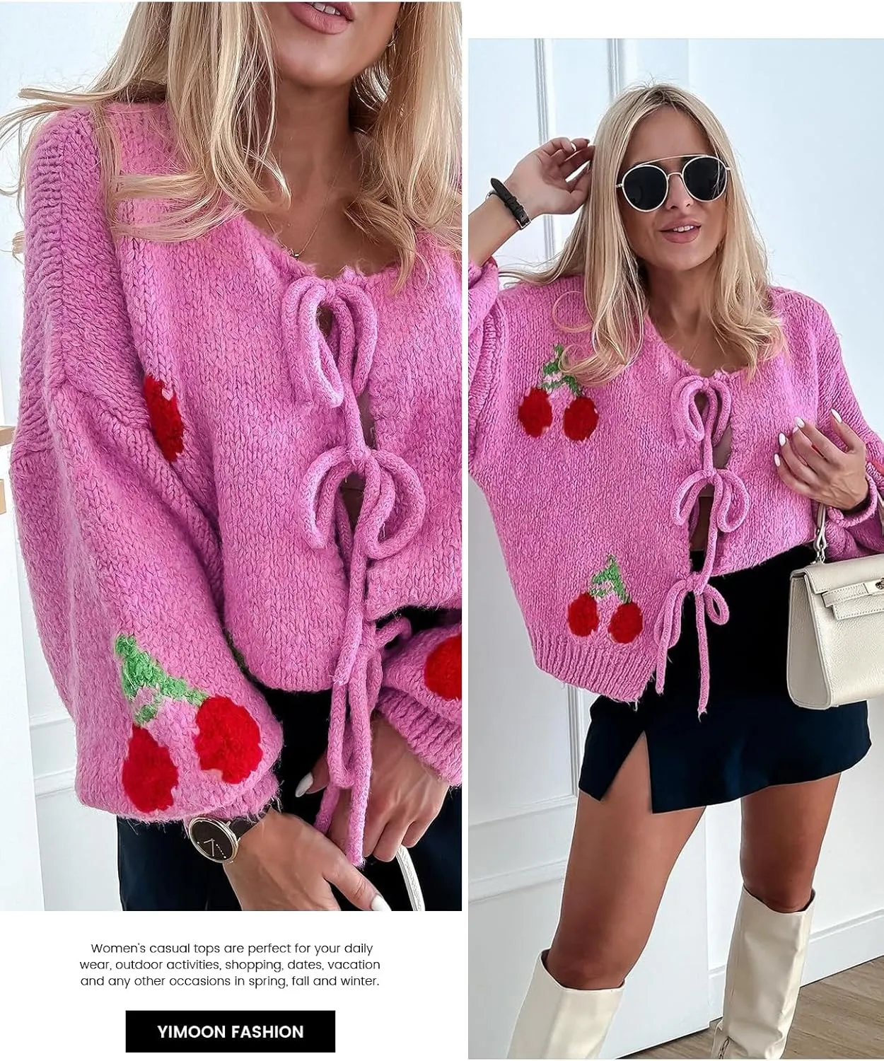 Yimoon Womens Bow Tie Front Cardigan Cute Cherry Open Front Y2k Sweater Oversized Chunky Knit Cardigan Tops