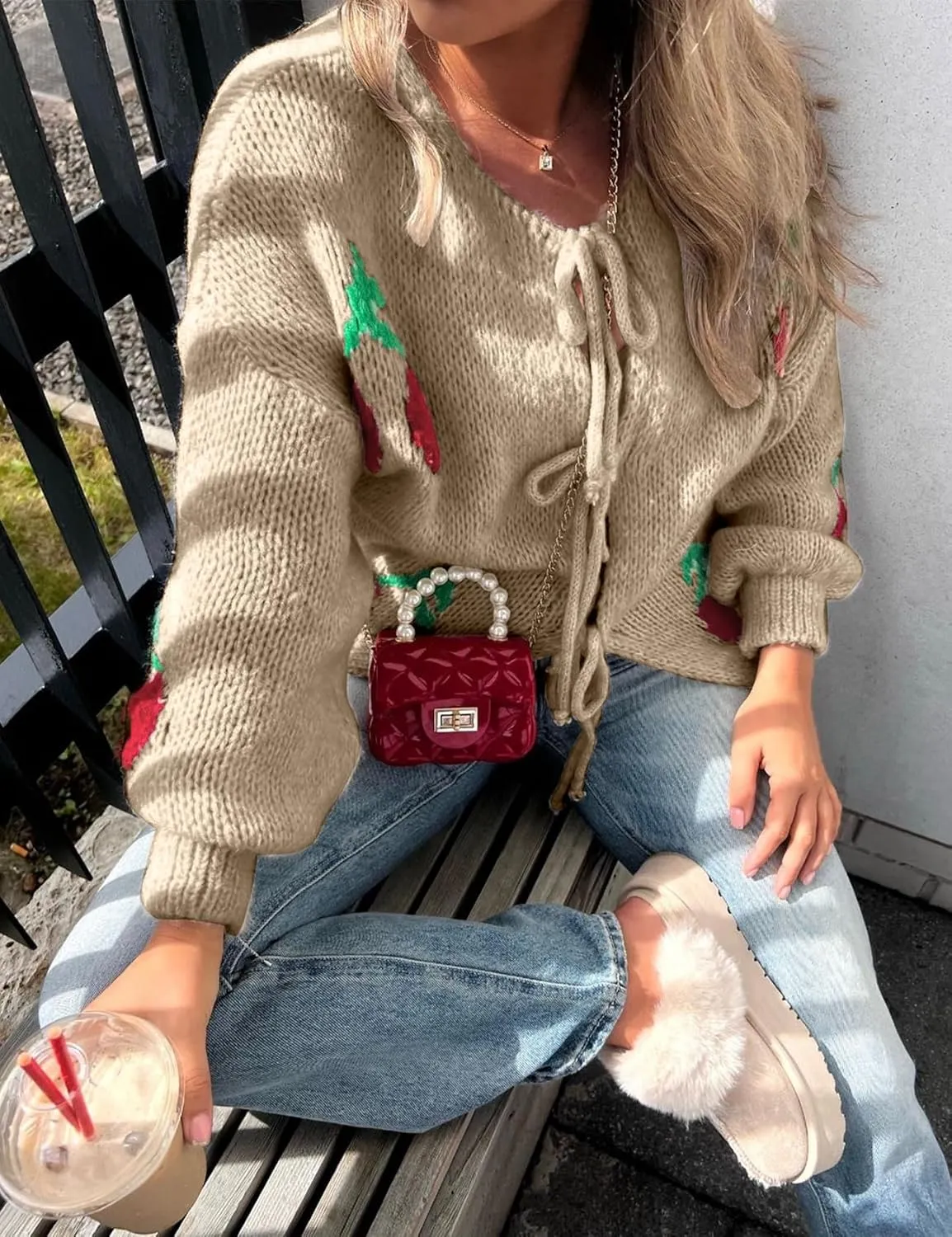 Yimoon Womens Bow Tie Front Cardigan Cute Cherry Open Front Y2k Sweater Oversized Chunky Knit Cardigan Tops