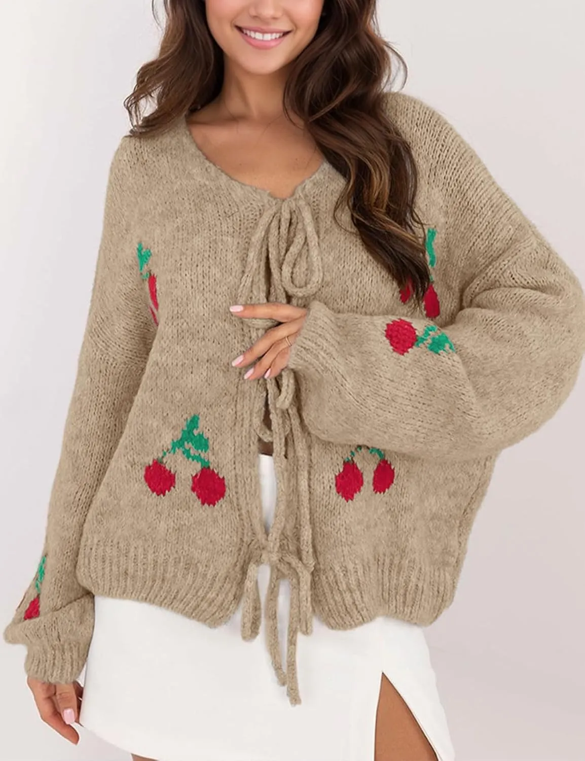 Yimoon Womens Bow Tie Front Cardigan Cute Cherry Open Front Y2k Sweater Oversized Chunky Knit Cardigan Tops
