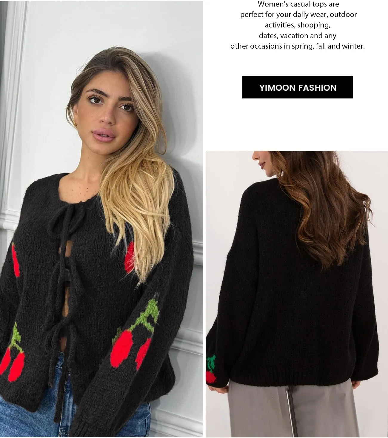 Yimoon Womens Bow Tie Front Cardigan Cute Cherry Open Front Y2k Sweater Oversized Chunky Knit Cardigan Tops