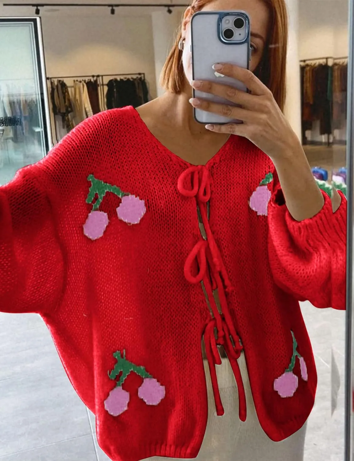 Yimoon Womens Bow Tie Front Cardigan Cute Cherry Open Front Y2k Sweater Oversized Chunky Knit Cardigan Tops