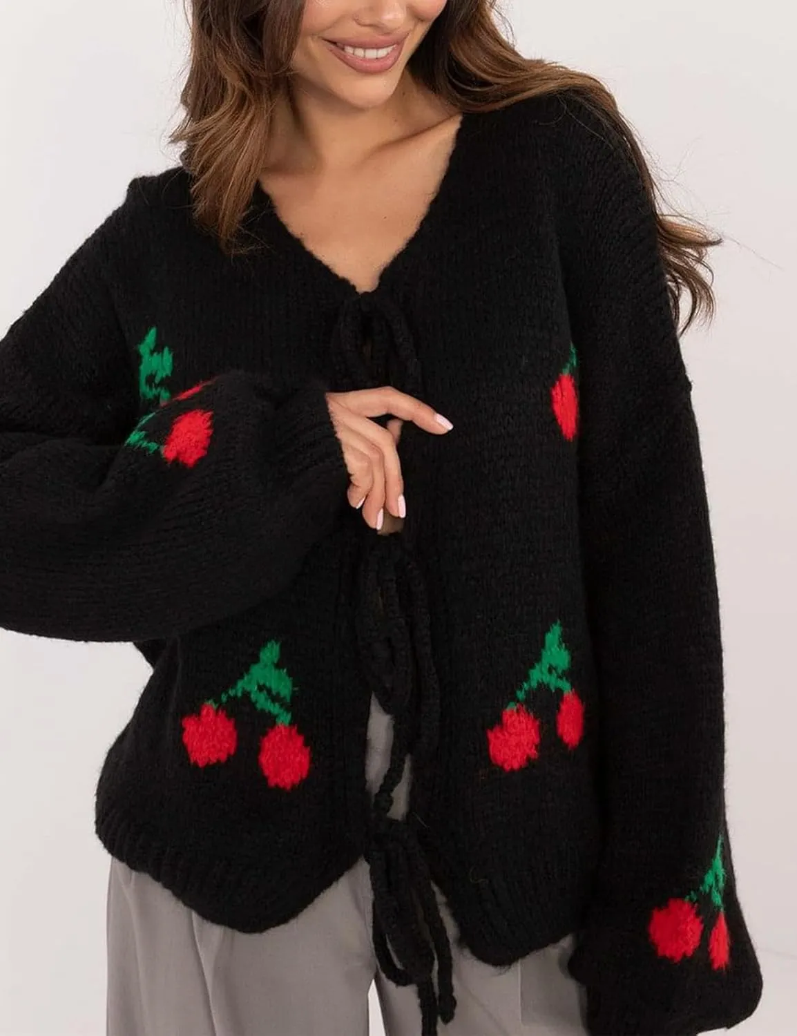 Yimoon Womens Bow Tie Front Cardigan Cute Cherry Open Front Y2k Sweater Oversized Chunky Knit Cardigan Tops