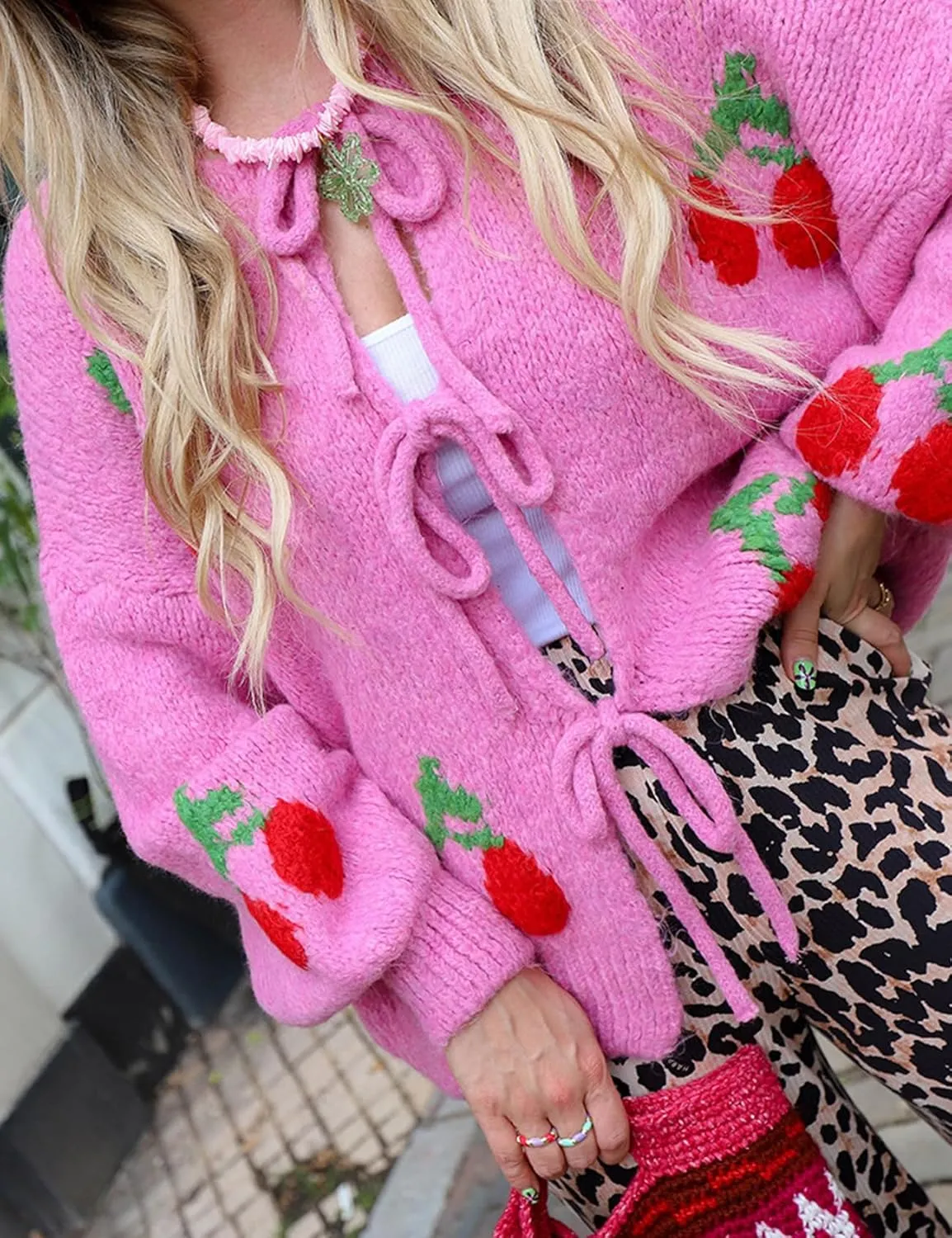 Yimoon Womens Bow Tie Front Cardigan Cute Cherry Open Front Y2k Sweater Oversized Chunky Knit Cardigan Tops