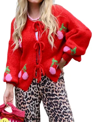 Yimoon Womens Bow Tie Front Cardigan Cute Cherry Open Front Y2k Sweater Oversized Chunky Knit Cardigan Tops