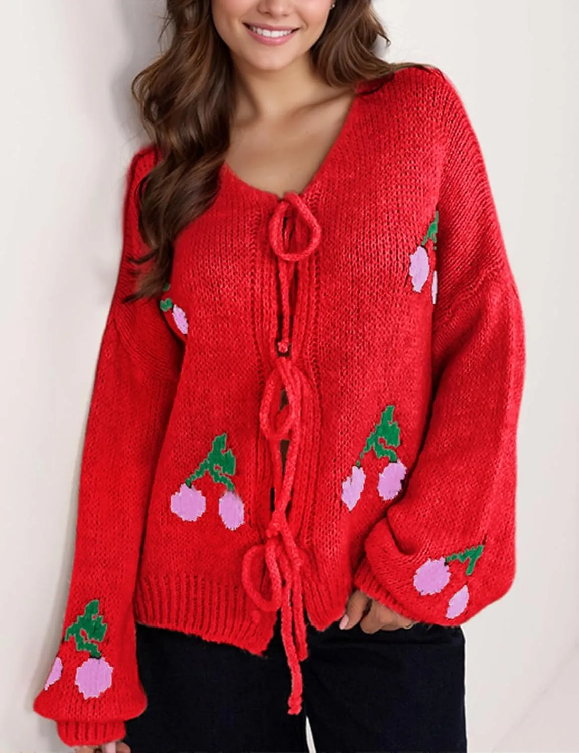 Yimoon Womens Bow Tie Front Cardigan Cute Cherry Open Front Y2k Sweater Oversized Chunky Knit Cardigan Tops