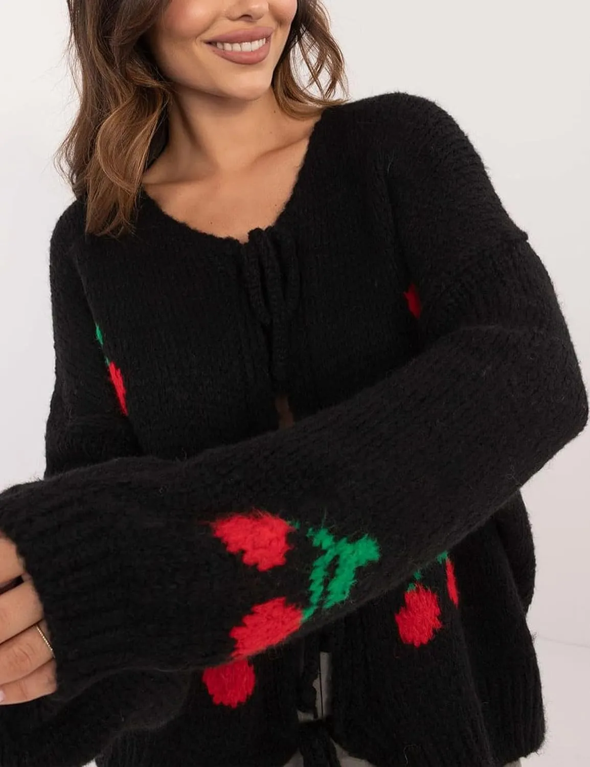 Yimoon Womens Bow Tie Front Cardigan Cute Cherry Open Front Y2k Sweater Oversized Chunky Knit Cardigan Tops