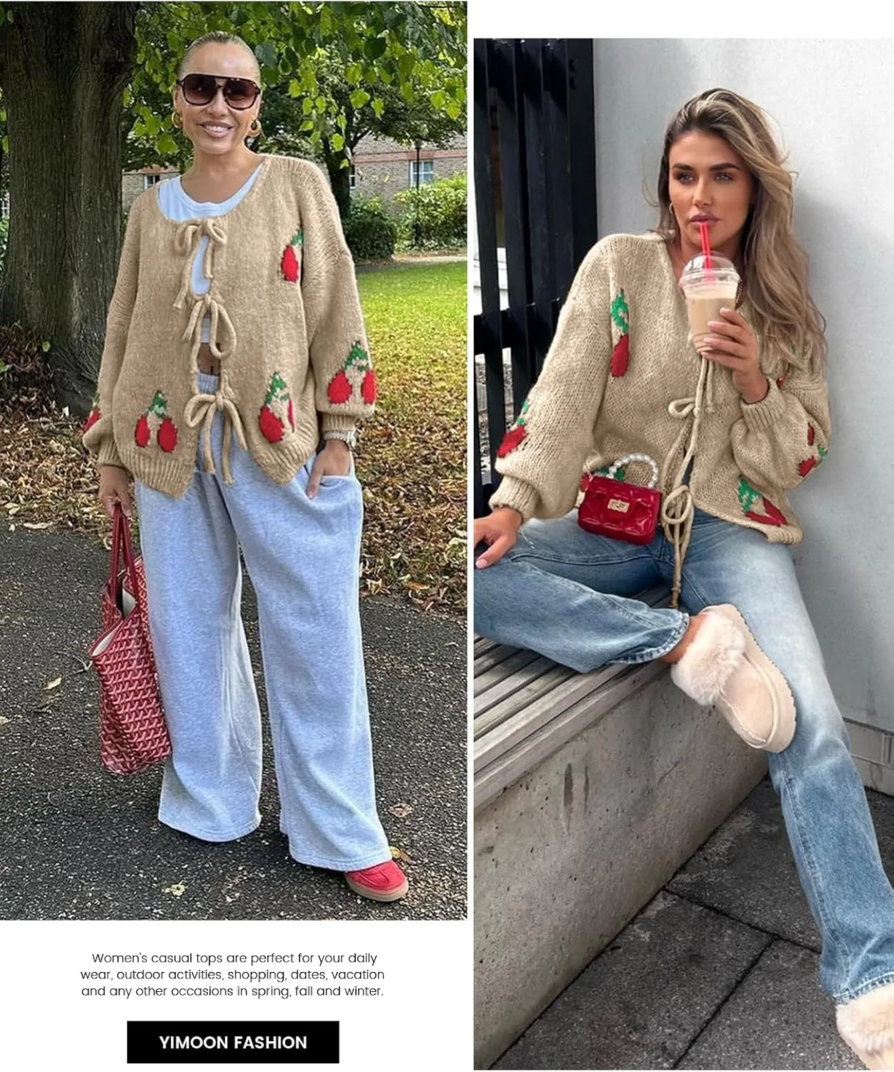 Yimoon Womens Bow Tie Front Cardigan Cute Cherry Open Front Y2k Sweater Oversized Chunky Knit Cardigan Tops