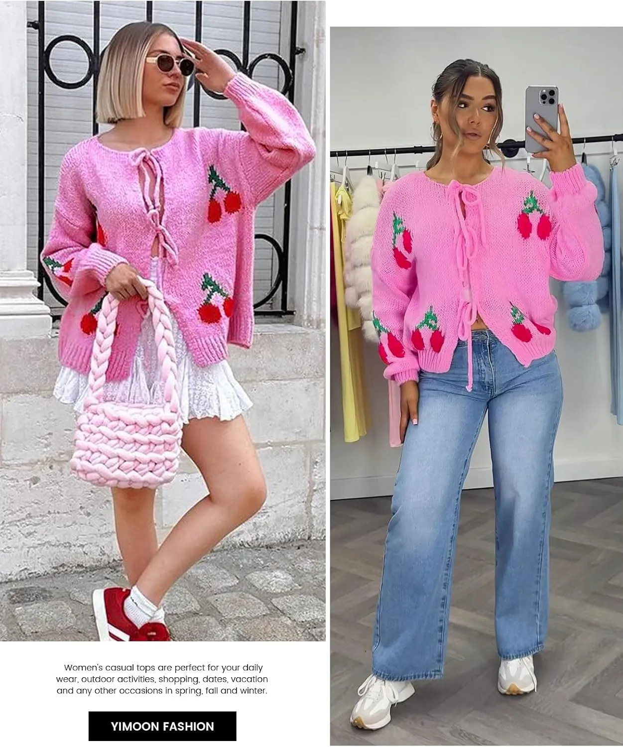 Yimoon Womens Bow Tie Front Cardigan Cute Cherry Open Front Y2k Sweater Oversized Chunky Knit Cardigan Tops