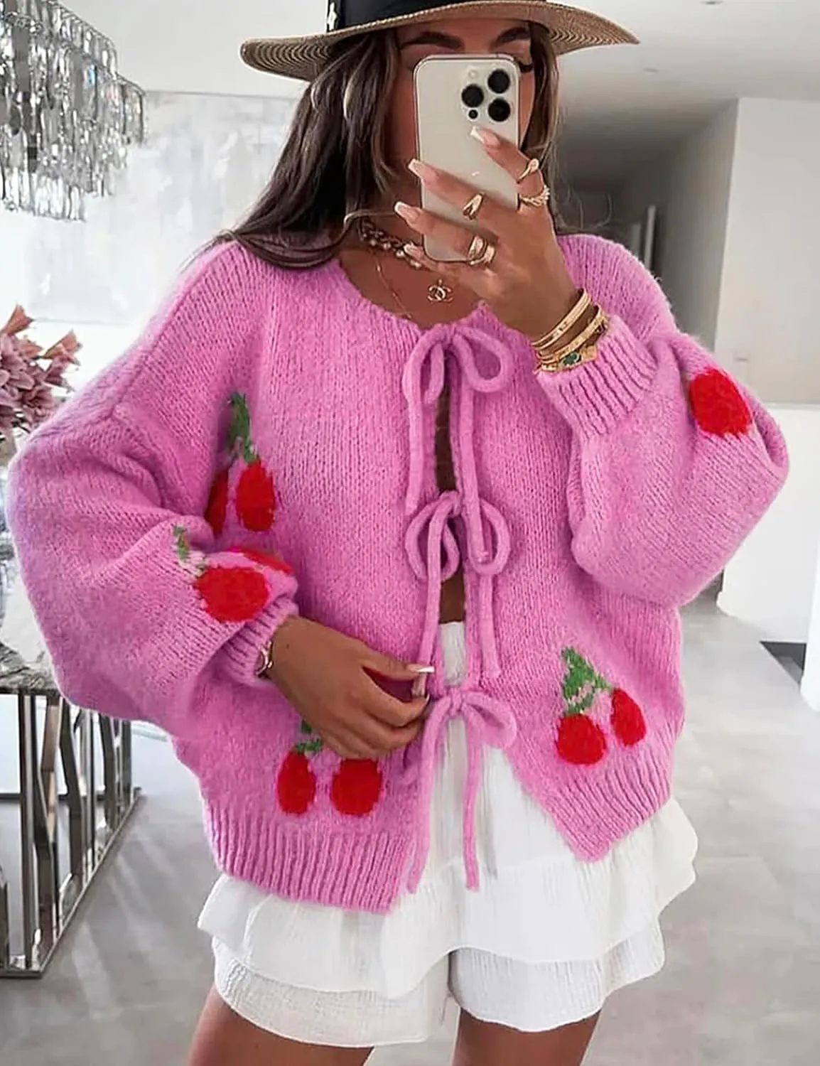 Yimoon Womens Bow Tie Front Cardigan Cute Cherry Open Front Y2k Sweater Oversized Chunky Knit Cardigan Tops