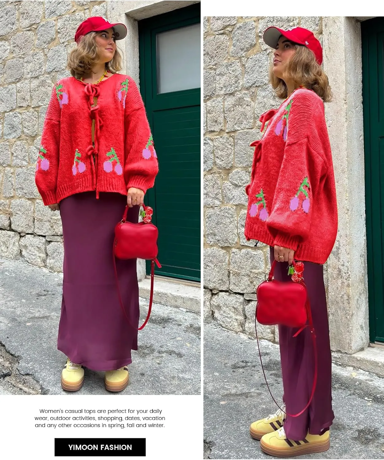 Yimoon Womens Bow Tie Front Cardigan Cute Cherry Open Front Y2k Sweater Oversized Chunky Knit Cardigan Tops