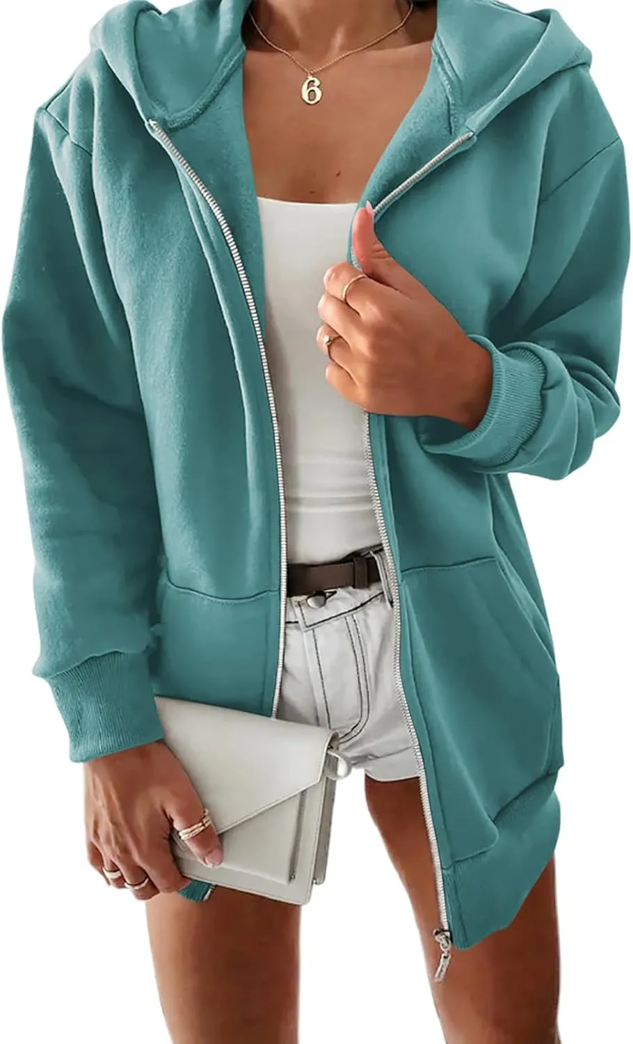 Yousify Women Casual Full Zip Up Plush Hoodie Comfy Loose Solid Sweatshirt Long Sleeve Jacket with Pockets