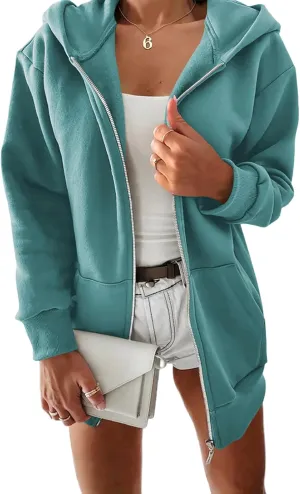 Yousify Women Casual Full Zip Up Plush Hoodie Comfy Loose Solid Sweatshirt Long Sleeve Jacket with Pockets