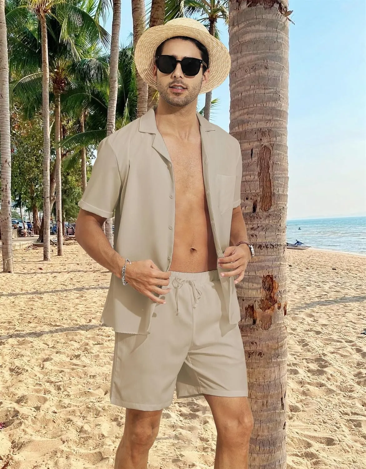 YTD Men's 2 Pieces Shirt Set Short Sleeve Button Down Casual Hippie Holiday Beach T-Shirts Shorts Outfits