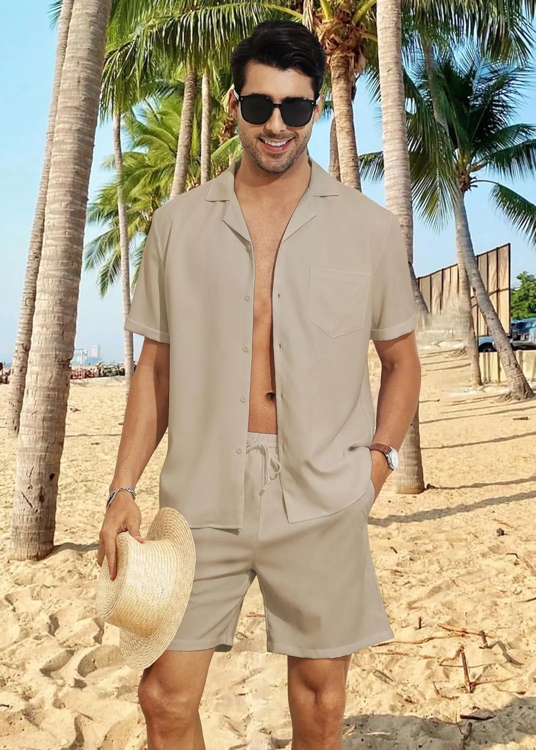 YTD Men's 2 Pieces Shirt Set Short Sleeve Button Down Casual Hippie Holiday Beach T-Shirts Shorts Outfits