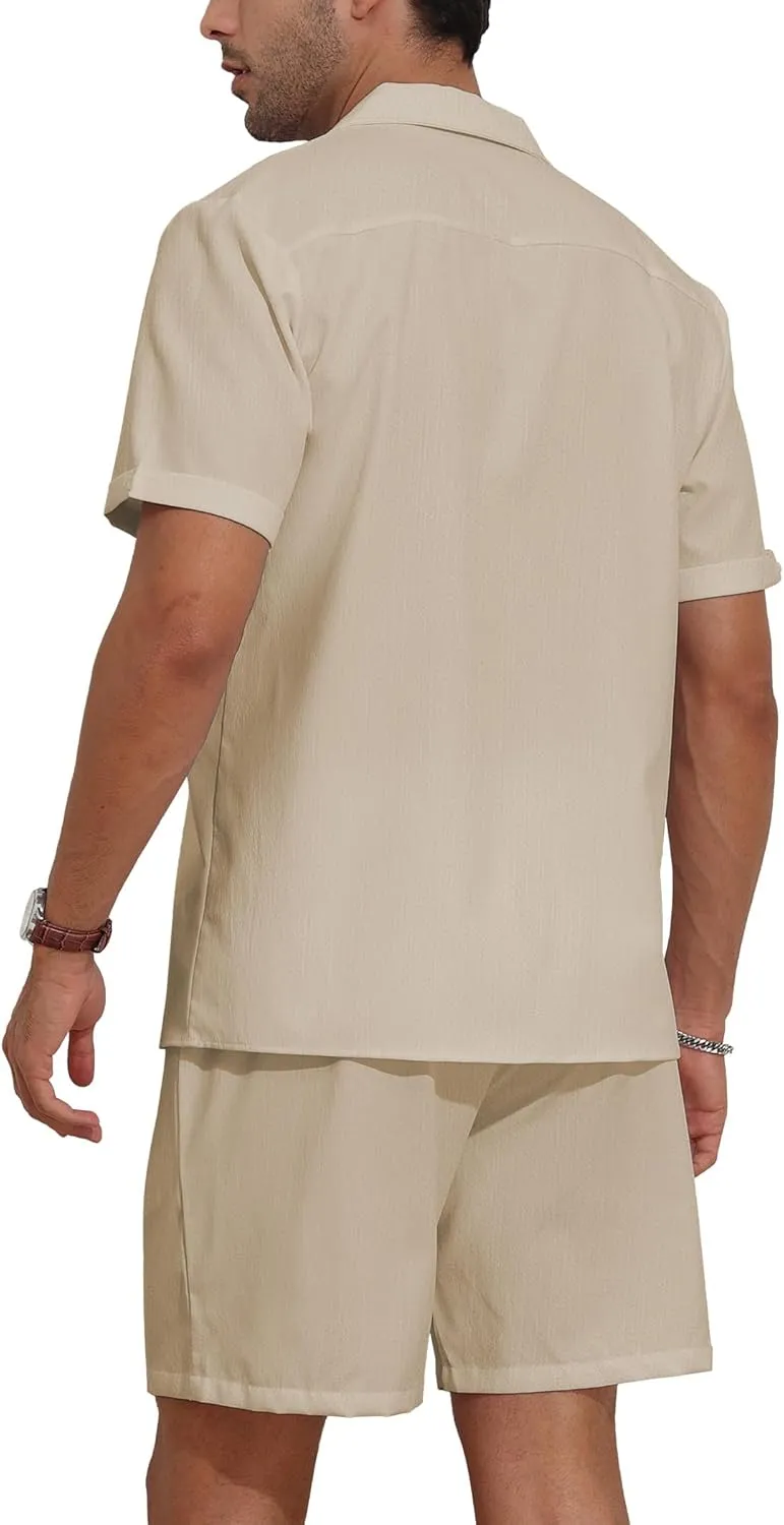 YTD Men's 2 Pieces Shirt Set Short Sleeve Button Down Casual Hippie Holiday Beach T-Shirts Shorts Outfits