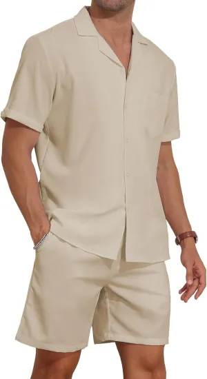 YTD Men's 2 Pieces Shirt Set Short Sleeve Button Down Casual Hippie Holiday Beach T-Shirts Shorts Outfits