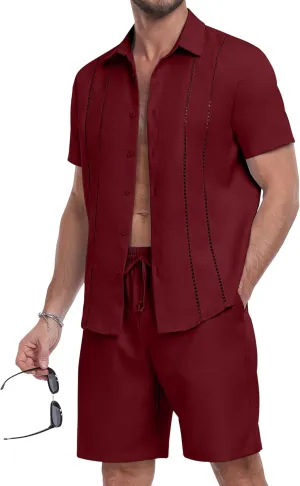 YTD Men's 2 Pieces Shirt Sets Short Sleeve Casual Button Down Hippie T-Shirts Shorts Sets Summer Fashion Beach Outfits