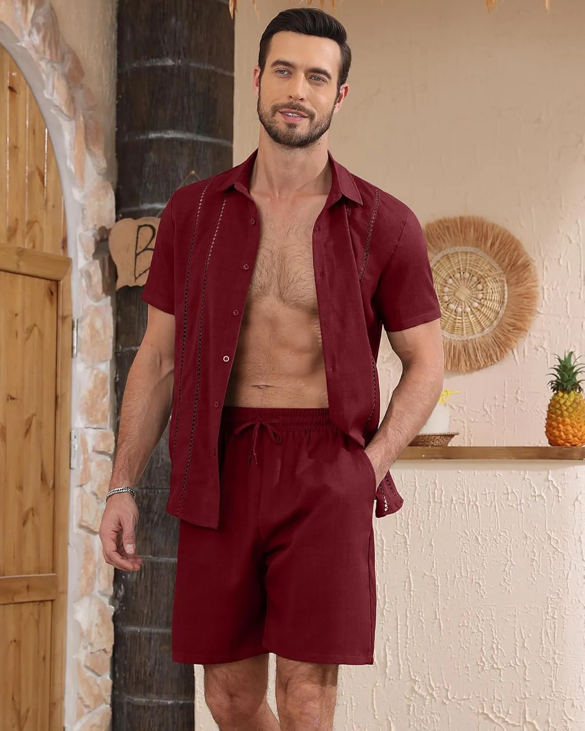 YTD Men's 2 Pieces Shirt Sets Short Sleeve Casual Button Down Hippie T-Shirts Shorts Sets Summer Fashion Beach Outfits