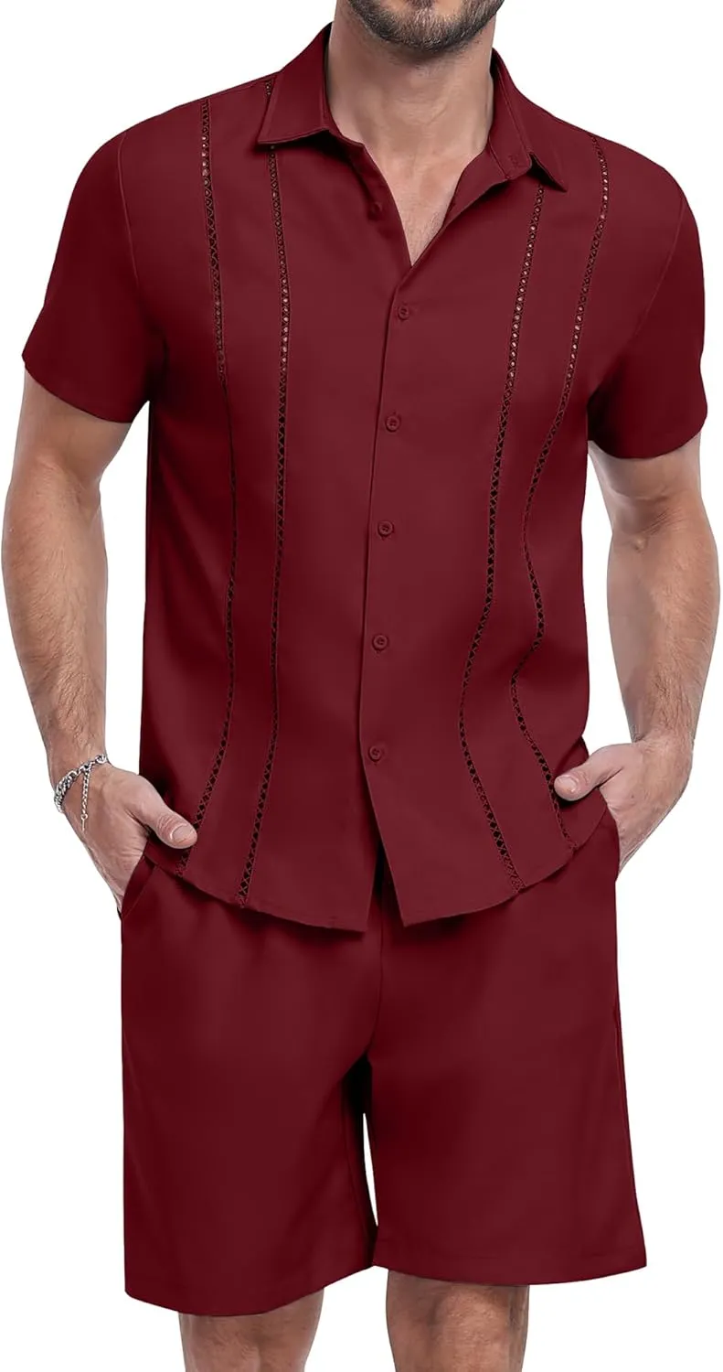 YTD Men's 2 Pieces Shirt Sets Short Sleeve Casual Button Down Hippie T-Shirts Shorts Sets Summer Fashion Beach Outfits