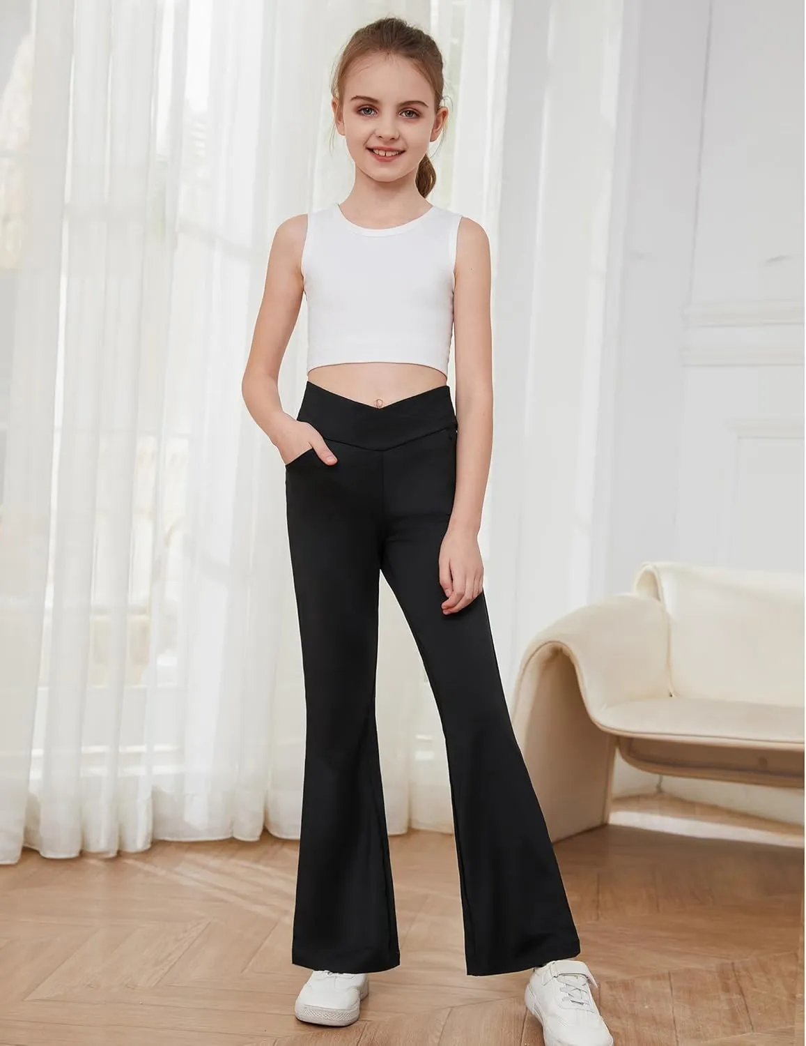 Zaclotre Girls Flare Leggings High Waisted V Crossover Casual Yoga Bell Bottoms with Pockets Pants for Kid