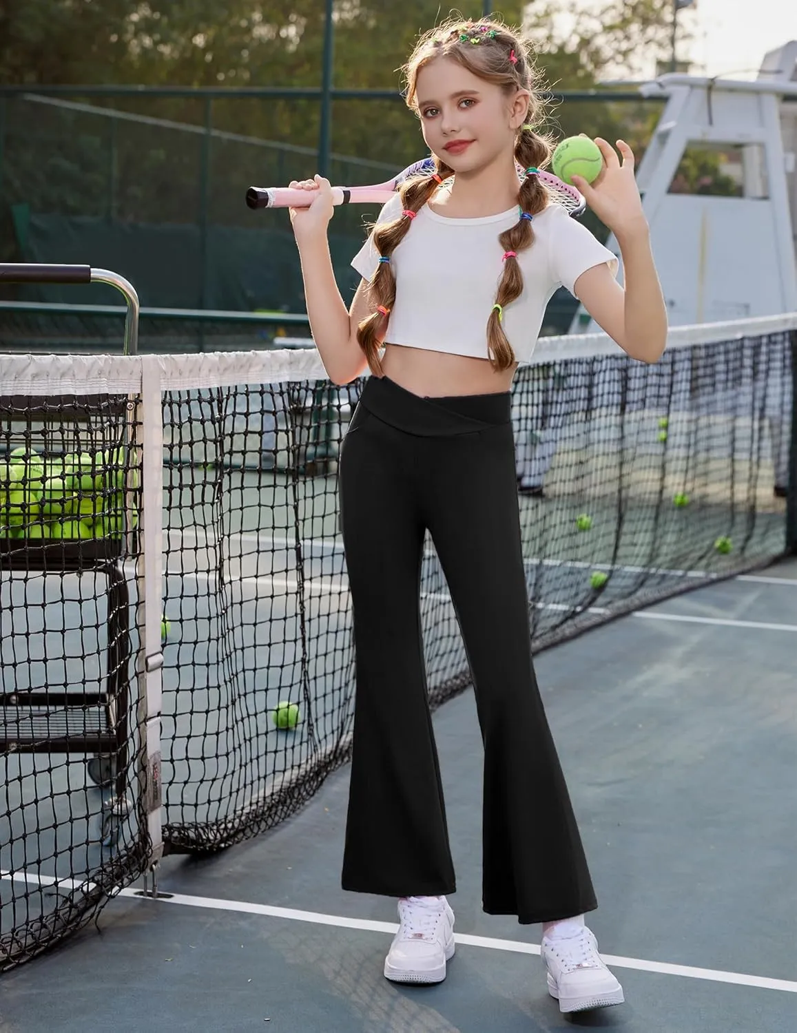 Zaclotre Girls Flare Leggings High Waisted V Crossover Casual Yoga Bell Bottoms with Pockets Pants for Kid