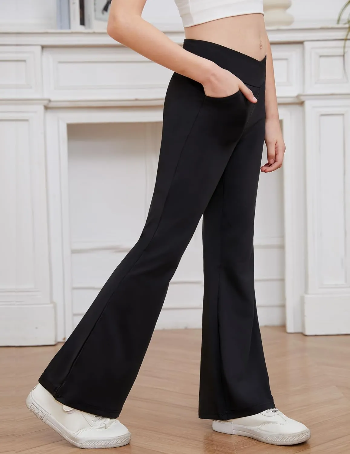 Zaclotre Girls Flare Leggings High Waisted V Crossover Casual Yoga Bell Bottoms with Pockets Pants for Kid