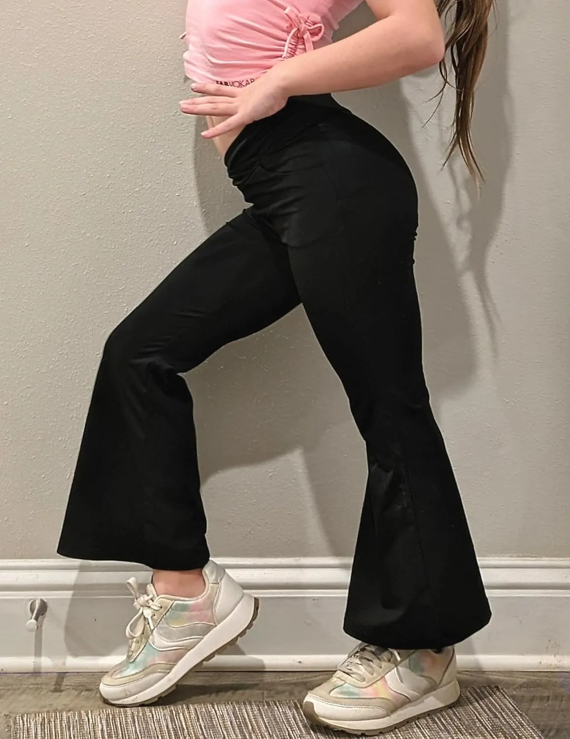 Zaclotre Girls Flare Leggings High Waisted V Crossover Casual Yoga Bell Bottoms with Pockets Pants for Kid