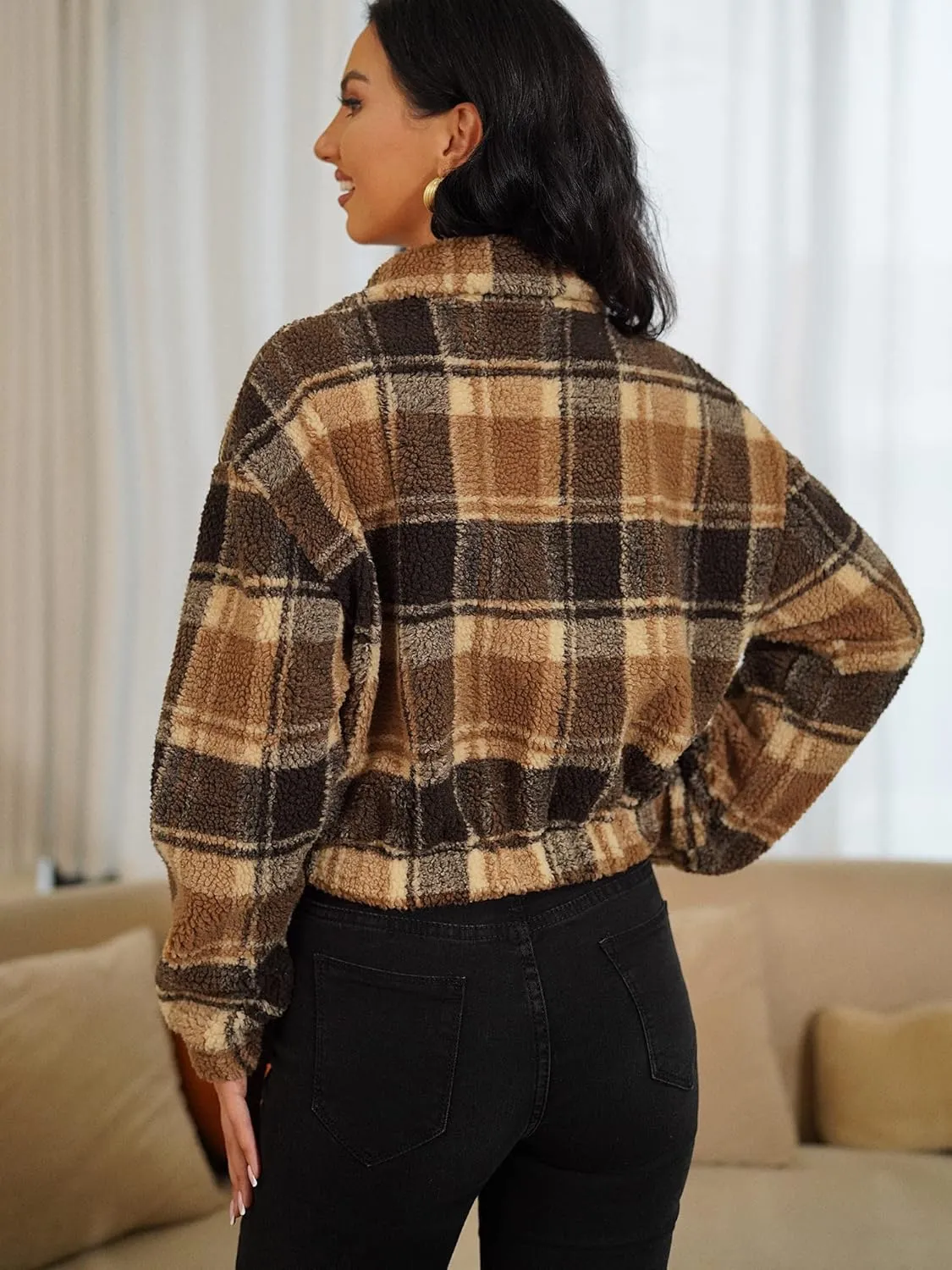 ZAFUL Women's Faux Fur Pullover Half Zip Long Sleeve Crop Sweatshirt Tops