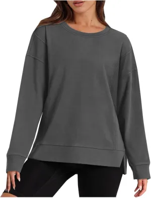 ZDRZK Crewneck Sweatshirts Women Casual Loose Lightweight Thin Fall Outfits Tops Split High Low Hem Long Sleeve Clothes
