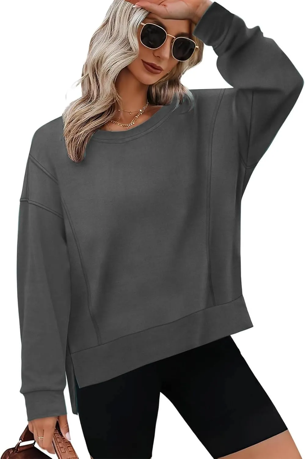 ZDRZK Crewneck Sweatshirts Women Casual Loose Lightweight Thin Fall Outfits Tops Split High Low Hem Long Sleeve Clothes