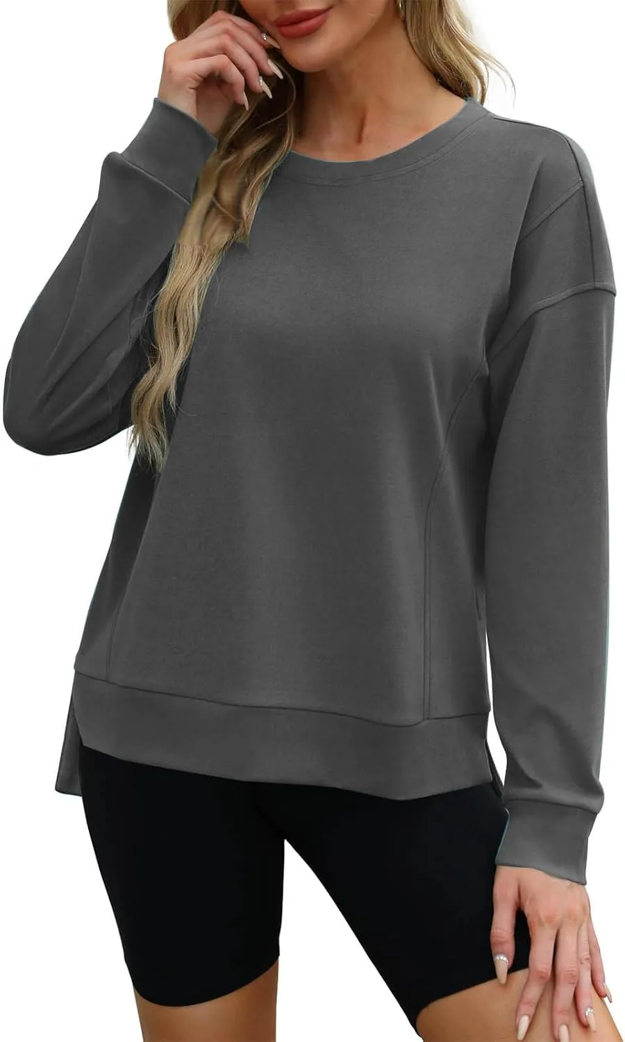 ZDRZK Crewneck Sweatshirts Women Casual Loose Lightweight Thin Fall Outfits Tops Split High Low Hem Long Sleeve Clothes