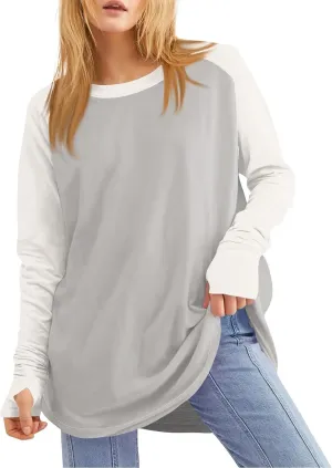 ZDRZK Oversized Sweatshirt For Women Color Block Long Sleeve Thumb Hole Pullover Tops Crewneck Casual Lightweight Shirts