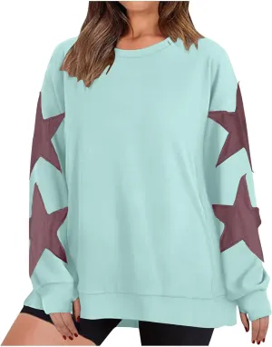 ZDRZK Women's Star Print Sweatshirts Thumb Hole Long Sleeve Crewneck Pullover 2024 Fall Fleece Casual Tops Trendy Y2k
