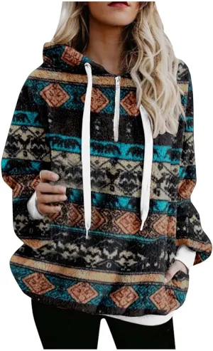 ZDRZK Women's Sweatshirts Plush 2024 Fall And Winter Warm Camo Hoodies Oversized Casual Long Sleeve Drawstring Clothes