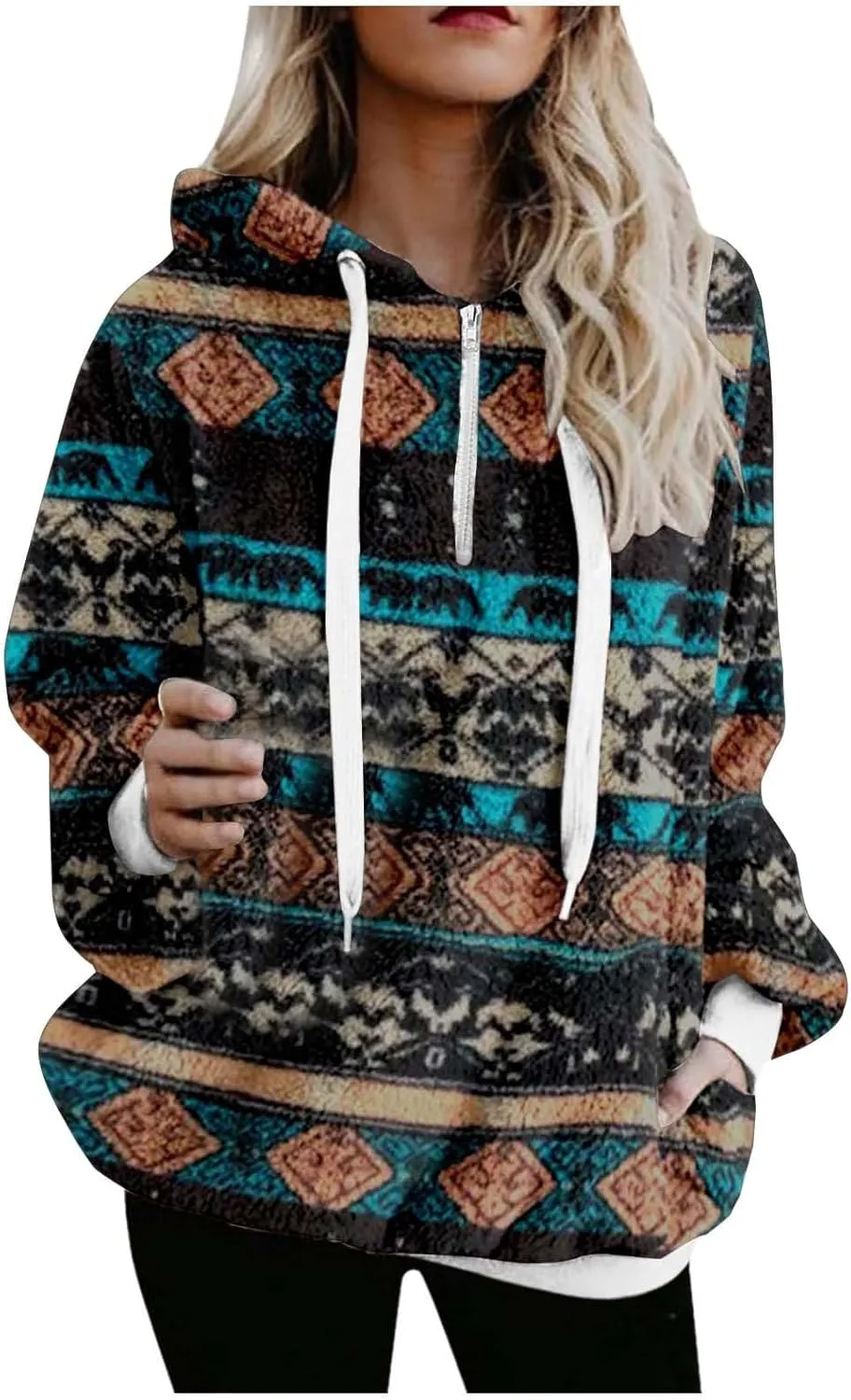 ZDRZK Women's Sweatshirts Plush 2024 Fall And Winter Warm Camo Hoodies Oversized Casual Long Sleeve Drawstring Clothes