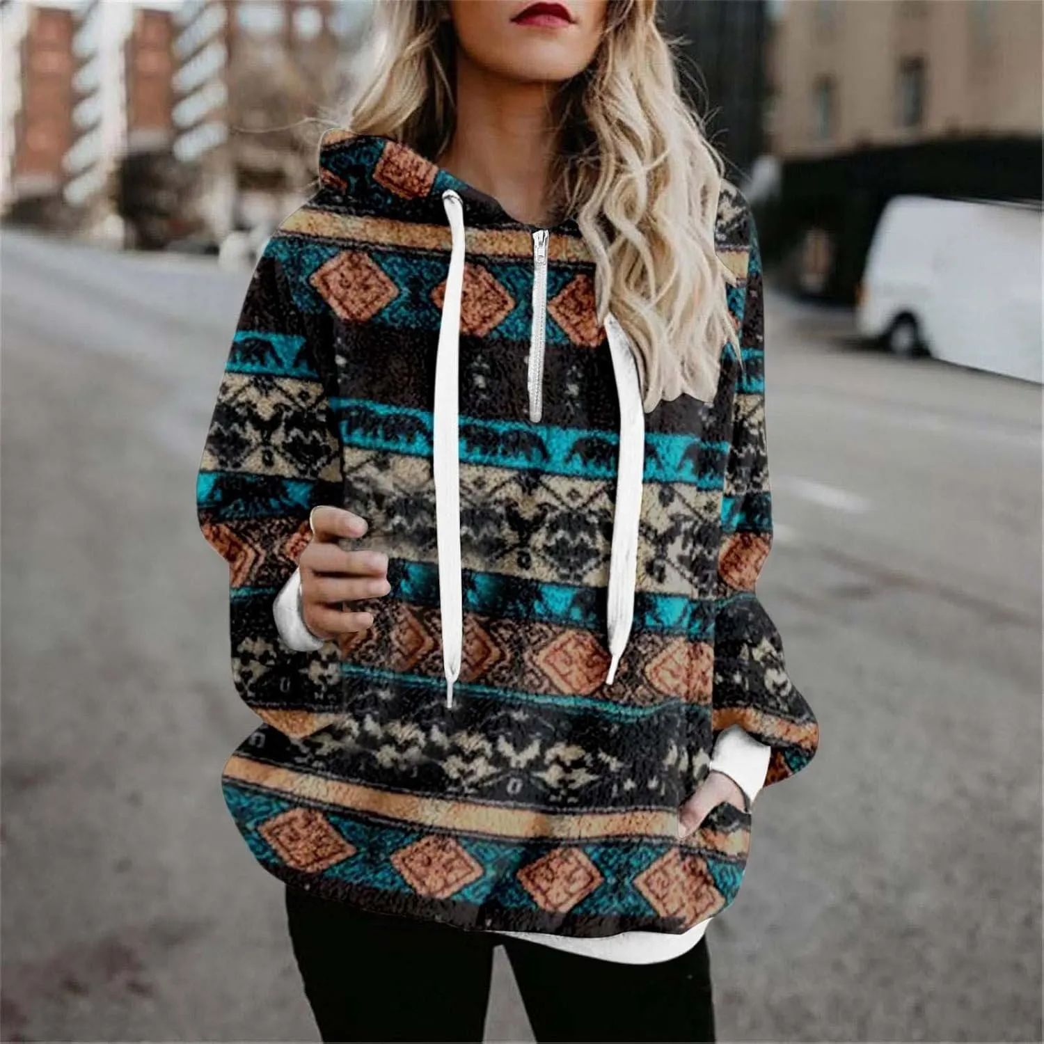 ZDRZK Women's Sweatshirts Plush 2024 Fall And Winter Warm Camo Hoodies Oversized Casual Long Sleeve Drawstring Clothes