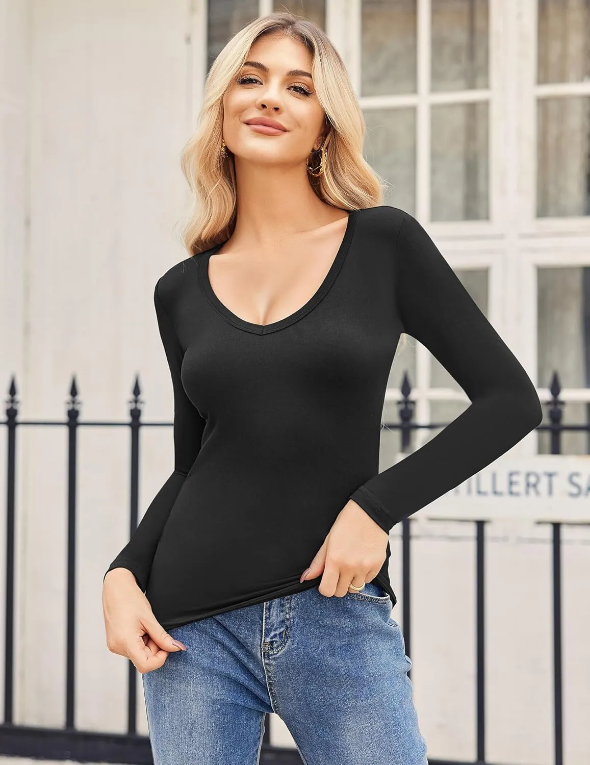 Zeagoo Women 2 Pack Long Sleeve Shirts V Neck T Shirts Casual Thermal Tops Slim Fit Basic Tight Tees Going Out Top