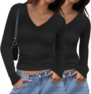 Zeagoo Women 2 Pack Long Sleeve Shirts V Neck T Shirts Casual Thermal Tops Slim Fit Basic Tight Tees Going Out Top