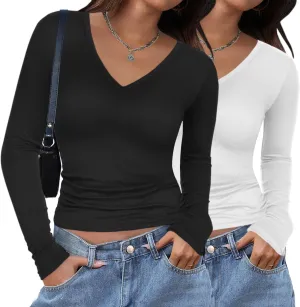 Zeagoo Women 2 Pack Long Sleeve Shirts V Neck T Shirts Casual Thermal Tops Slim Fit Basic Tight Tees Going Out Top
