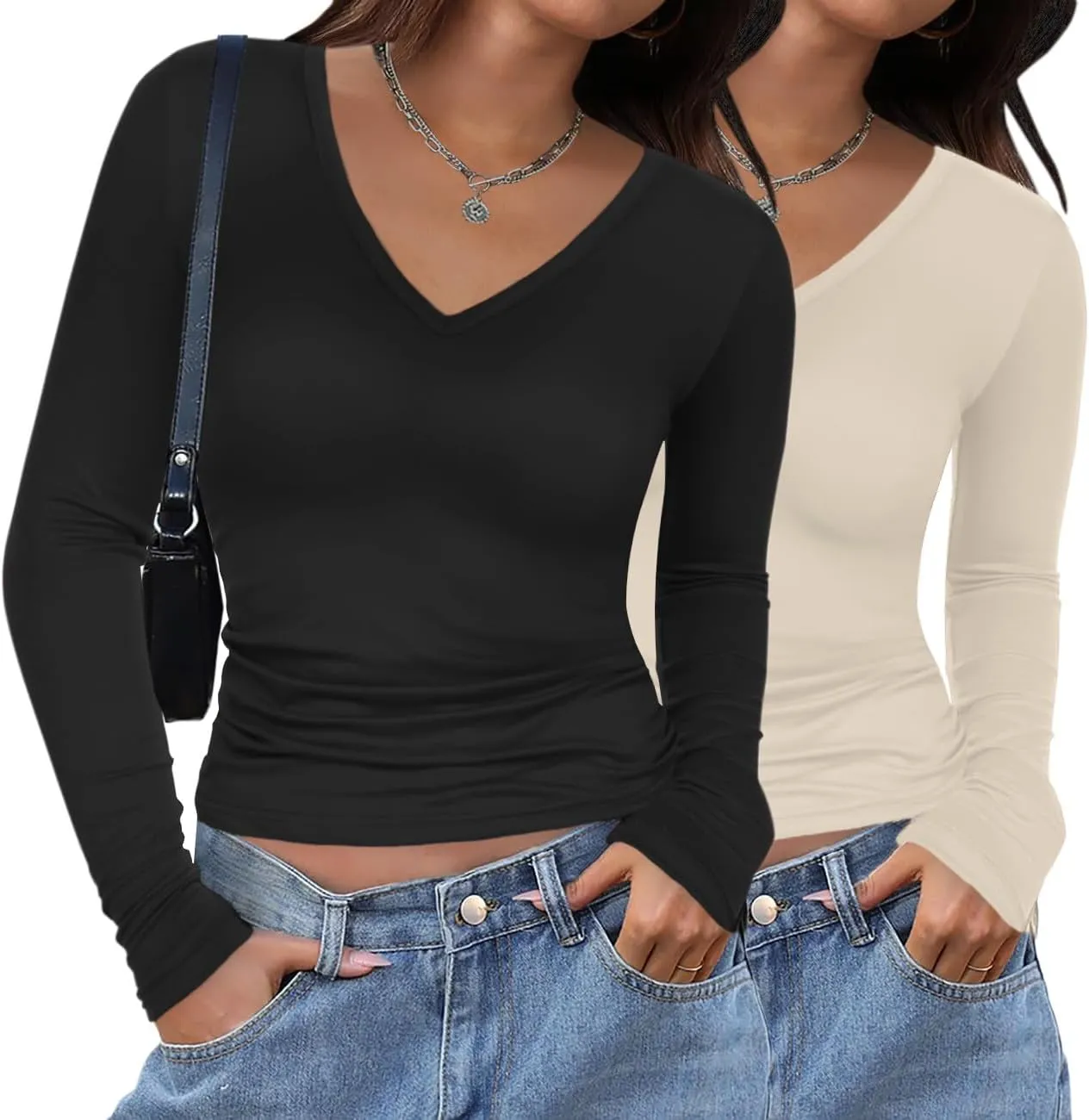 Zeagoo Women 2 Pack Long Sleeve Shirts V Neck T Shirts Casual Thermal Tops Slim Fit Basic Tight Tees Going Out Top