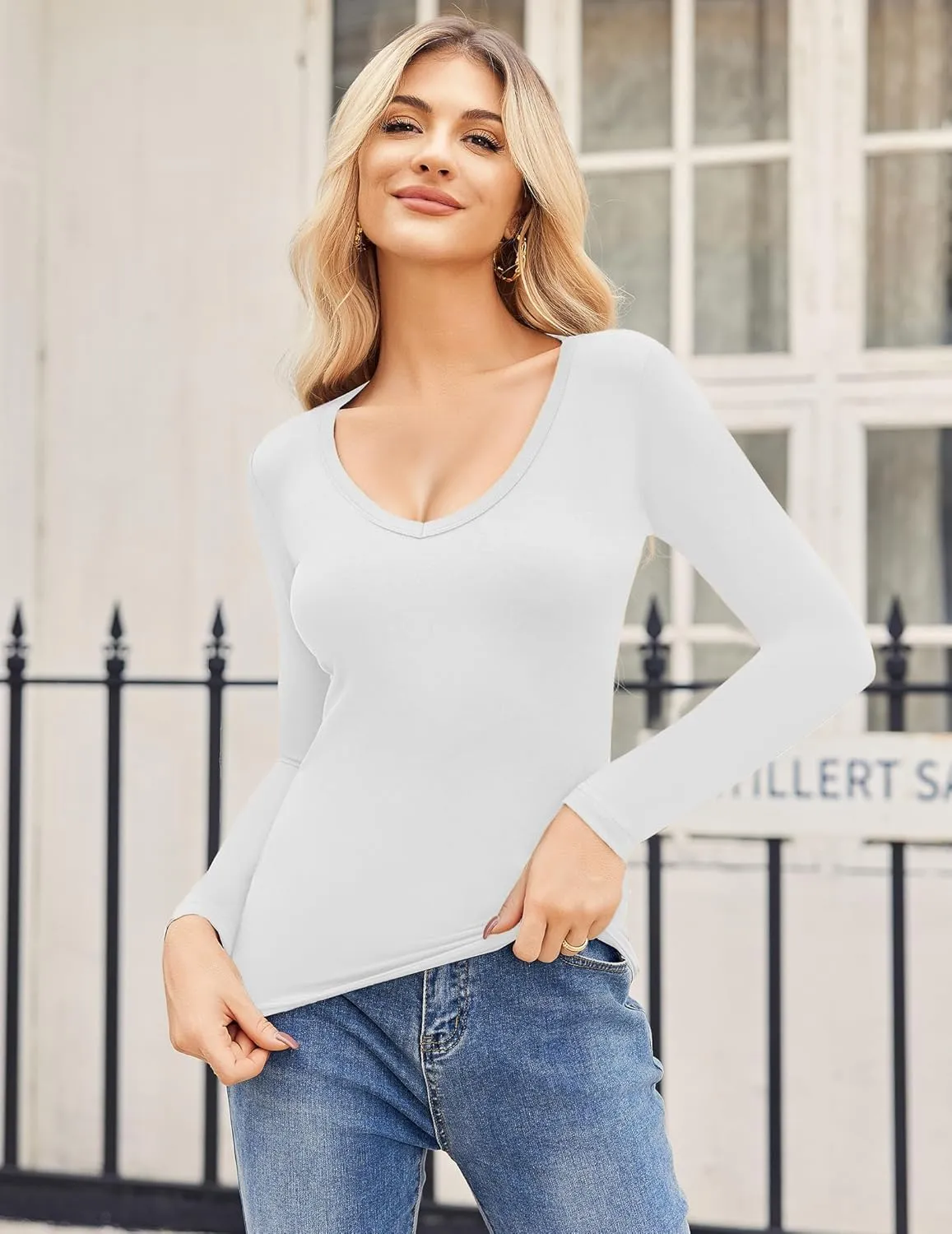 Zeagoo Women 2 Pack Long Sleeve Shirts V Neck T Shirts Casual Thermal Tops Slim Fit Basic Tight Tees Going Out Top