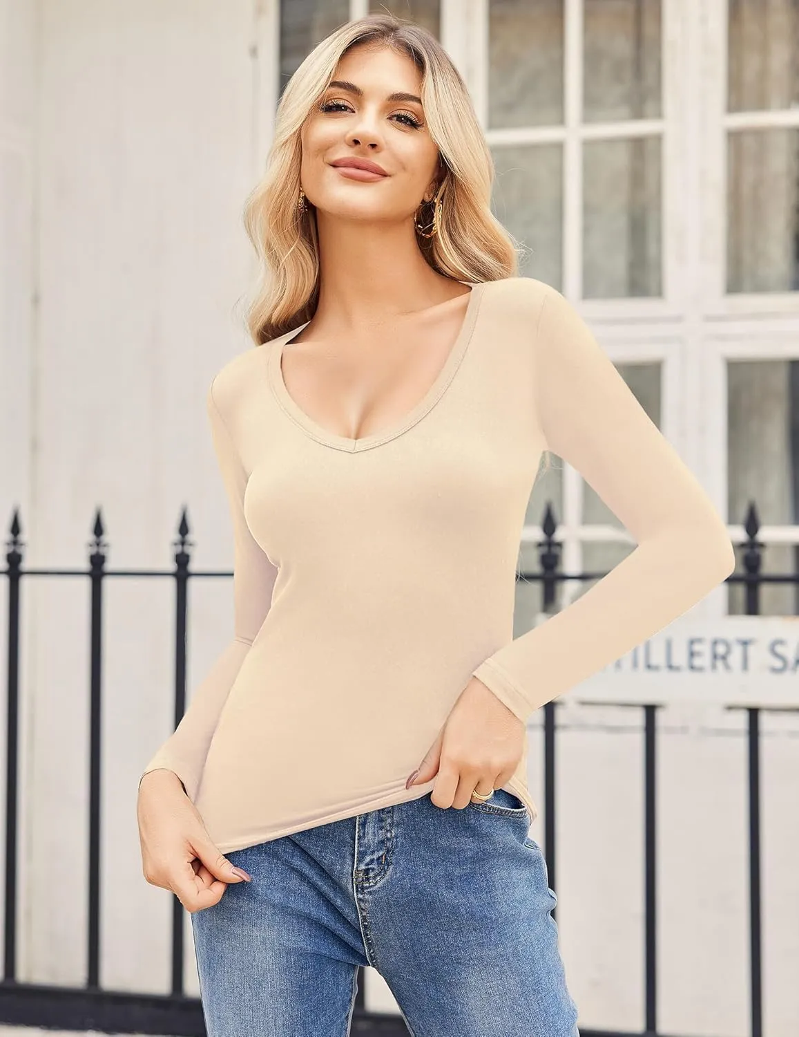 Zeagoo Women 2 Pack Long Sleeve Shirts V Neck T Shirts Casual Thermal Tops Slim Fit Basic Tight Tees Going Out Top