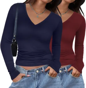 Zeagoo Women 2 Pack Long Sleeve Shirts V Neck T Shirts Casual Thermal Tops Slim Fit Basic Tight Tees Going Out Top