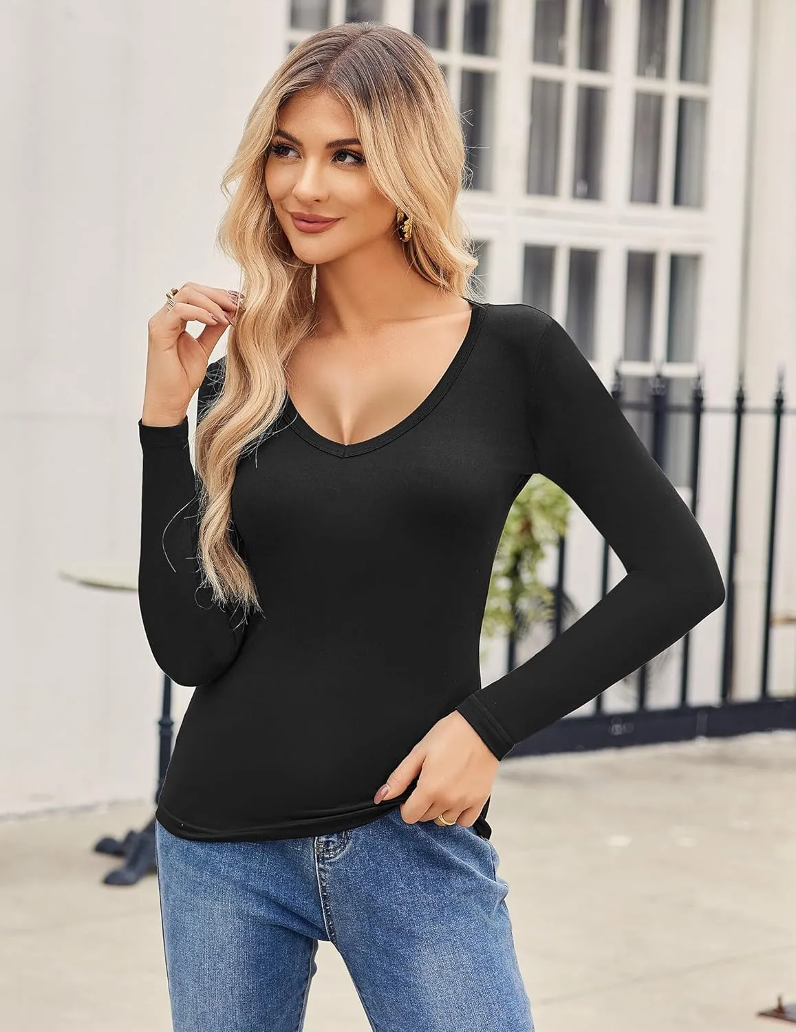 Zeagoo Women 2 Pack Long Sleeve Shirts V Neck T Shirts Casual Thermal Tops Slim Fit Basic Tight Tees Going Out Top