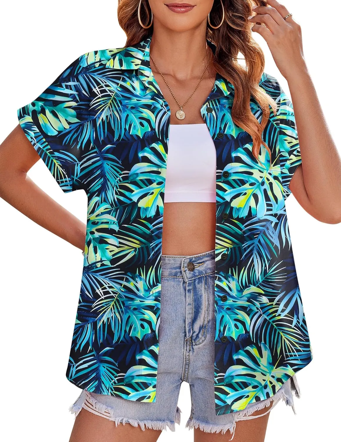 Zeagoo Women's Hawaiian Button Down Shirts Casual Short Sleeve Floral Tropical Print Summer Blouse Tunic Top