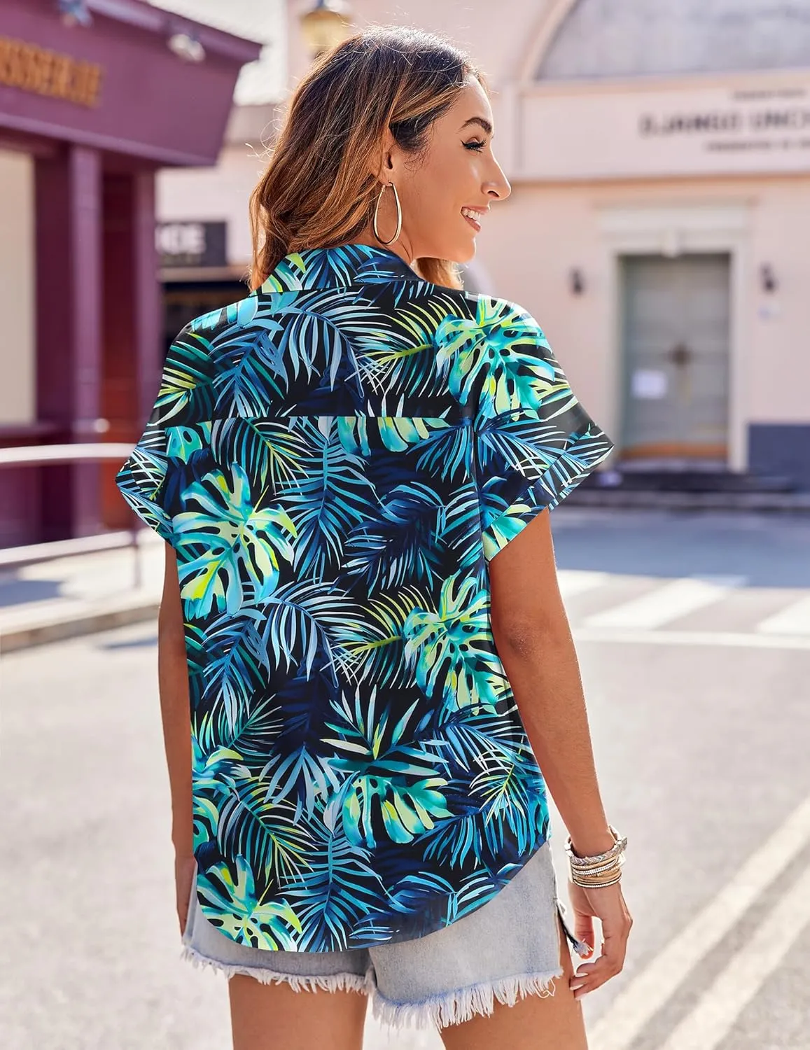 Zeagoo Women's Hawaiian Button Down Shirts Casual Short Sleeve Floral Tropical Print Summer Blouse Tunic Top