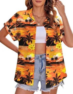 Zeagoo Women's Hawaiian Button Down Shirts Casual Short Sleeve Floral Tropical Print Summer Blouse Tunic Top