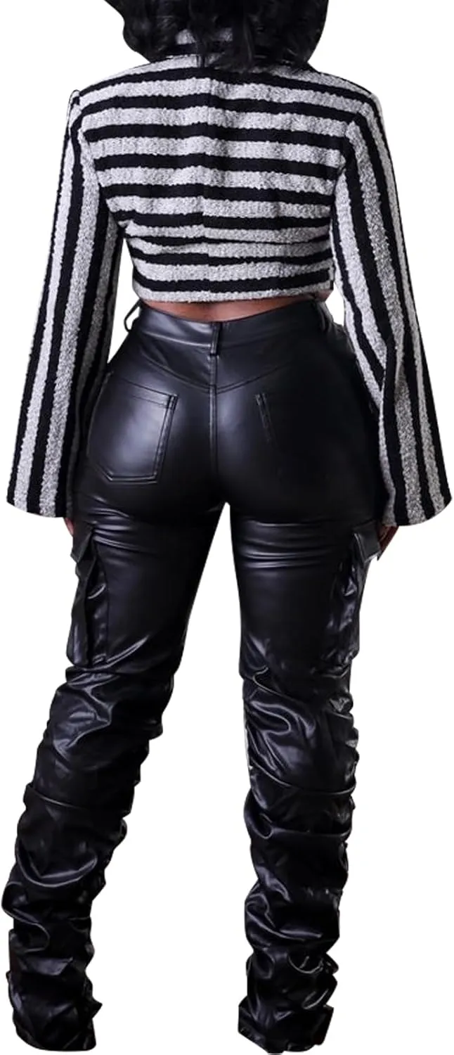 Zebaexf Women's Stretchy Faux Leather Leggings Pants,High Waist Stacked Pants for Women