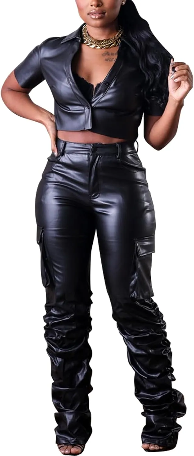 Zebaexf Women's Stretchy Faux Leather Leggings Pants,High Waist Stacked Pants for Women